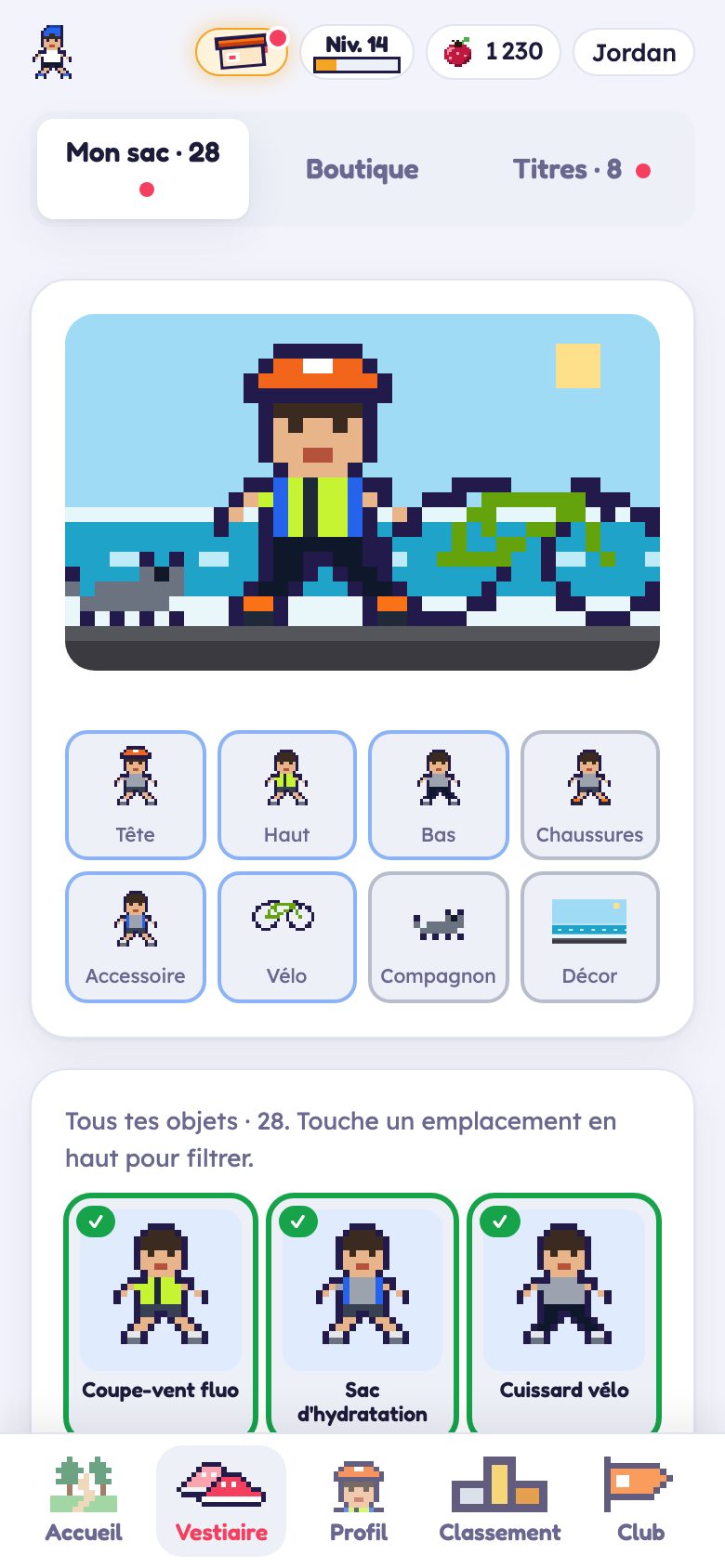 Le vestiaire : le perso habillé et ses emplacements d'objets